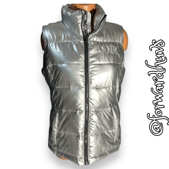 Victoria’s Secret Silver Elegance: Metallic Puffer Vest - Size Medium - Picture 1 of 14